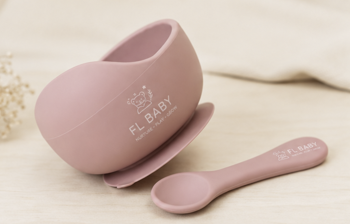 FL BABY Silicone Baby Suction Bowl with Spoon – Non-Slip Feeding Bowl Set for Babies & Toddlers (Pink)