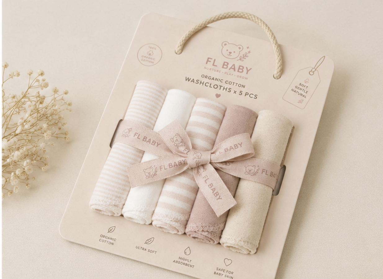 FL BABY Organic Cotton Baby Washcloth Set – 5 Pack Ultra Soft Absorbent Face Towels for Newborns & Toddlers (Pink)