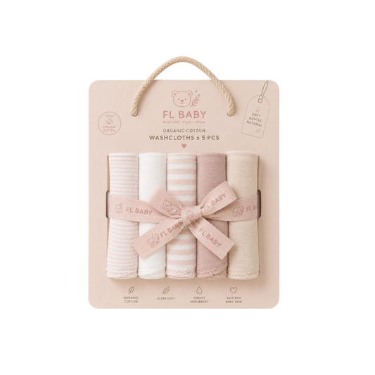 FL BABY Organic Cotton Baby Washcloth Set – 5 Pack Ultra Soft Absorbent Face Towels for Newborns & Toddlers (Pink)